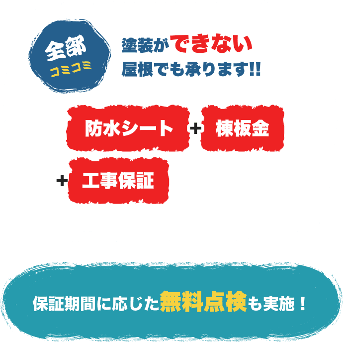 全部コミコミ：塗装ができない屋根もOK!! 防水シート、棟板金、工事保証