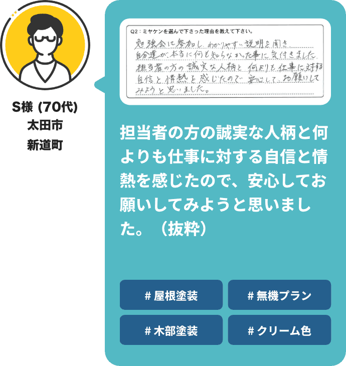 担当者の方の誠実な人柄と何よりも仕事に対する自信と情熱を感じたので、安心してお願いしてみようと思いました。（抜粋）