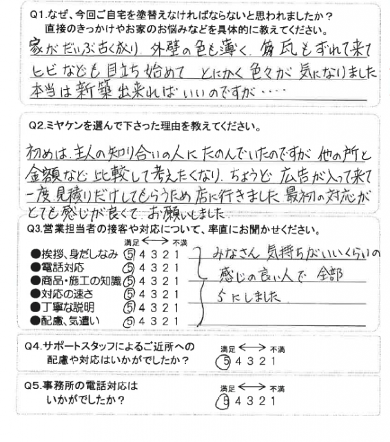 北群馬郡 外壁塗装工事 アンケート お客様の声 ミヤケン